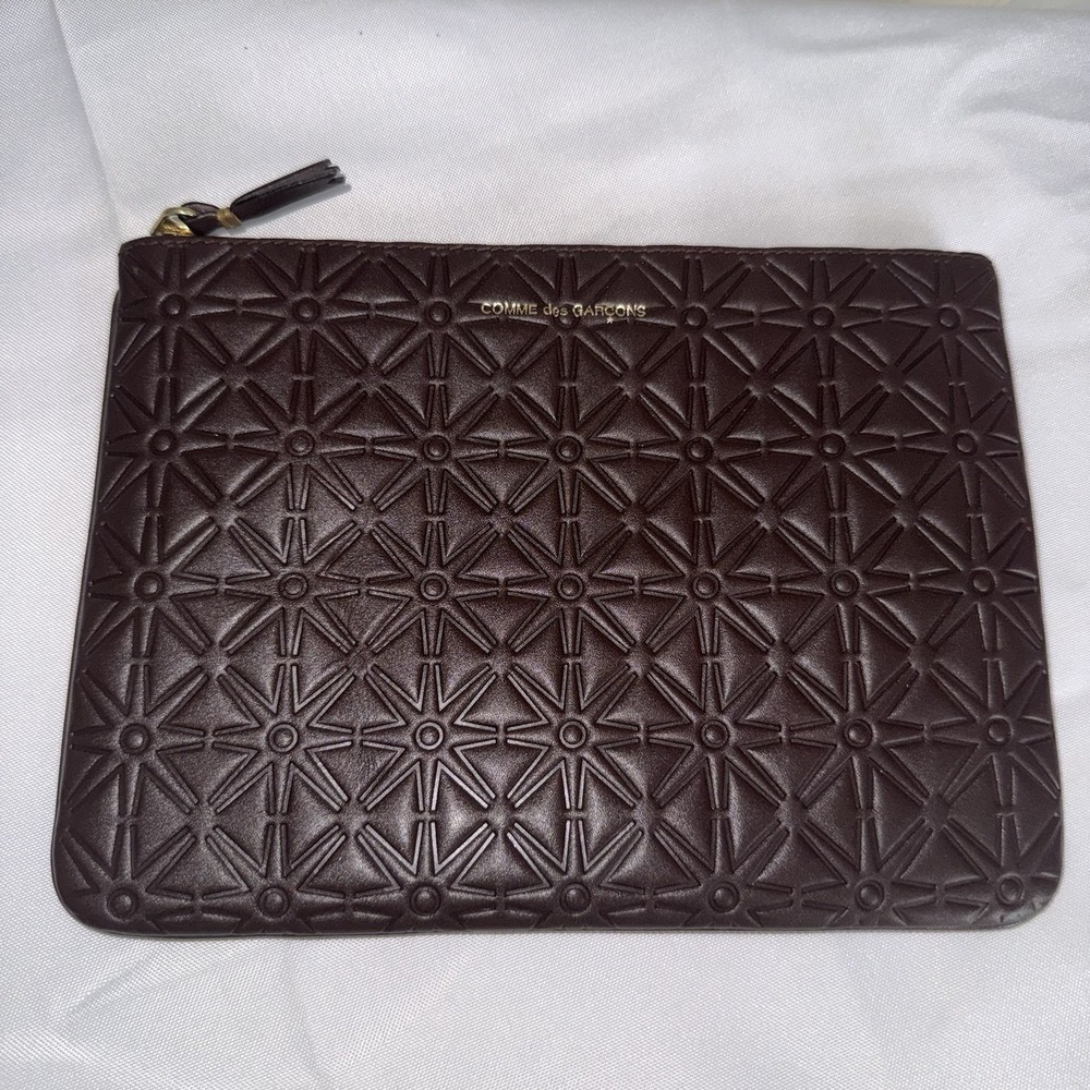 Comme des Garcons Brown Leather Large Zip Star Embossed Pouch Bag Wallet NWOT